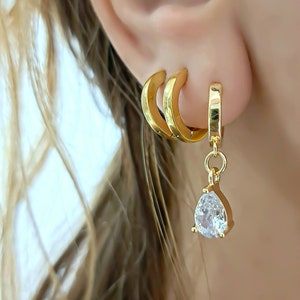 Gold Teardrop Huggies, Dangle Hoops, Pear Crystal Earrings, Bridesmaid Diamond Huggies, Swarovski Dainty Earrings, Minimalist earrings
