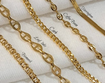 Chunky Gold Bracelet, Stainless Steel WATERPROOF Stack Bracelet, Gold Chain Bracelet, Cuban, Curby, Snake Herringbone Chain Link Bracelets