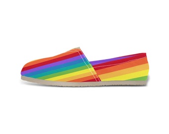 Rainbow Stripe LGBTQ+ Pride Canvas Slip On Flats, Gay Pride Shoes, Slip-ons, Lightweight Shoes for Him, Eco Friendly Shoes, Canvas Shoes
