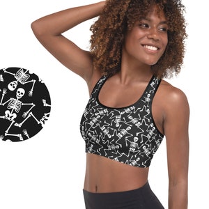Dancing Skeletons Women's Sports Bra, Fitness Goth Gothic Yoga Bralette, Unique Halloween Workout and Gym Clothing, Gift for Goth