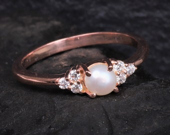 Real Pearl And Diamond Ring, 14k Rose Gold Engagement Ring, Dainty Ring, Minimalist Pearl Ring, Delicate Gold Ring,  Promise Ring For Her