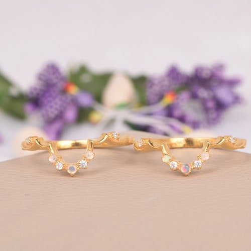 Vintage White Fire Opal Diamond Engagement Ring Set, Unique Celestial Ring, Rose Gold Bridal Set, October Birthstone, shops Opal Wedding Ring Set
