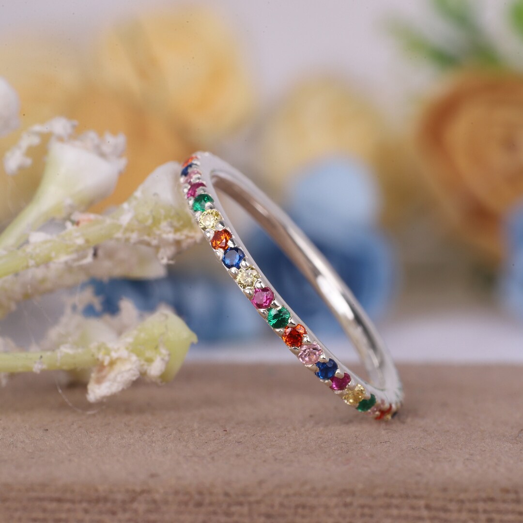 Rainbow Sapphire Wedding Band, Full Eternity Sapphire Band, Multi ...