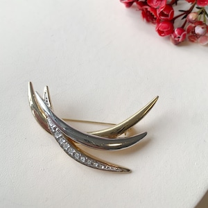 Vintage golden and silver brooch, rhinestone, antique Japanese pin