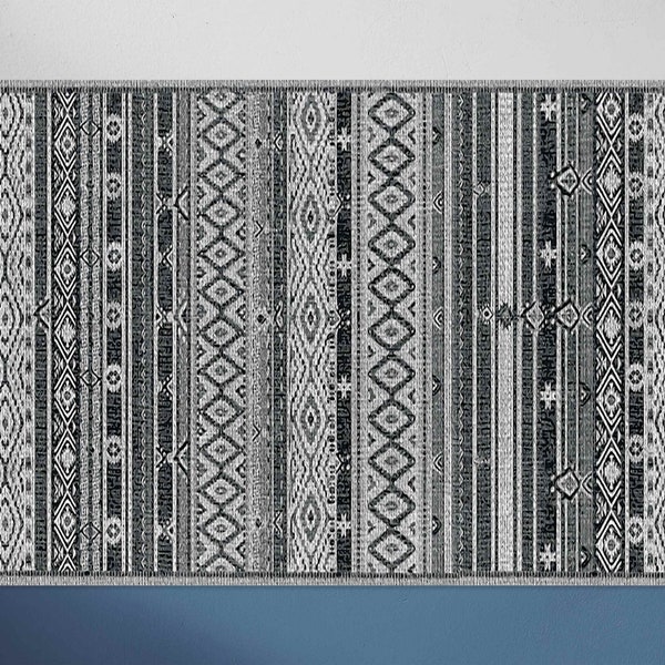 Tapis en vinyle à rayures noires et grises, tapis en vinyle ethnique, tapis de sol en vinyle gris et blanc, tapis de sol, sol en vinyle, tapis de bain