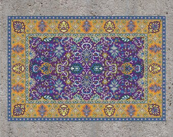 Turkish Floral In A Decorative Frame Vinyl Mat, Turkish Vinyl Rug, Purple and Yellow Vinyl Rug, Kitchen Mat, Vinyl Flooring, Comfort Mat