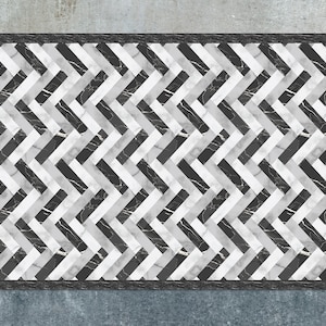 Colored Marble Herringbone Vinyl Mat, Black Vinyl Floor Mat, Gray Vinyl Rug, Tile Linoleum Rug, Linoleum Mat, Area Rug, Vinyl Rugs and Mats