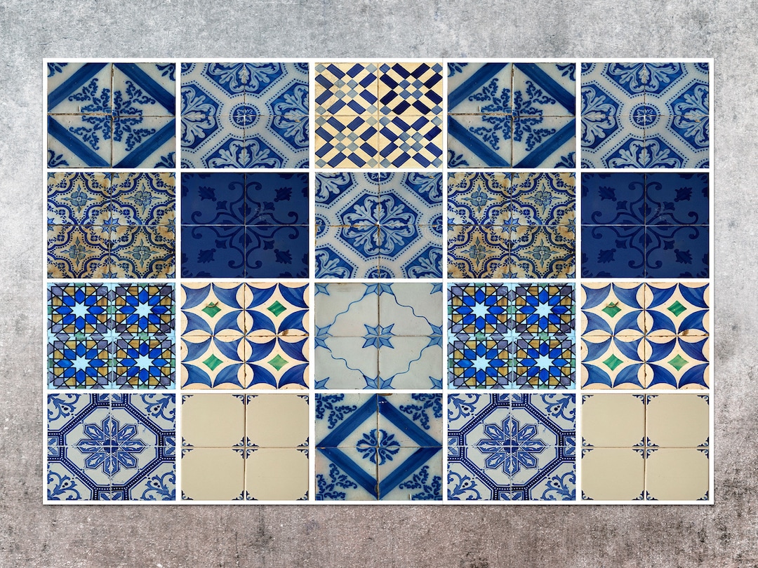 Classic Decorative Tiles Vinyl Mat, Blue Linoleum Rug, Beige Vinyl