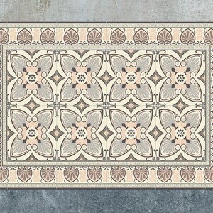 Flowers In The Beige Vinyl Mat, Beige Vinyl Floor Mat, Gray Vinyl Rug, Ornament Linoleum Rug, Linoleum Mat, Kitchen Decor, Comfort Mat