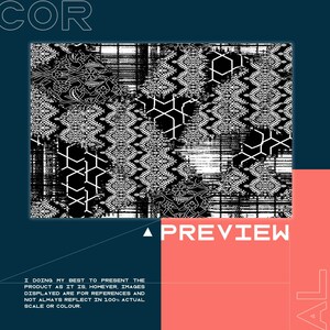 Puede incluir: Patrón geométrico abstracto en blanco y negro con un diseño repetitivo. El patrón está formado por cuadrados, triángulos y círculos. La imagen tiene el texto "COR" y "PREVIEW" en blanco.