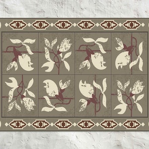 Ornamental Flowers Tiles Vinyl Mat, Tile Vinyl Floor Mat, Beige and Bronze Vinyl Rug, Linoleum Rug, Area Rug, Vinyl Rugs and Mats