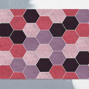 May include: Abstract geometric pattern with a repeating hexagonal design. The hexagons are in shades of pink, purple, and black.