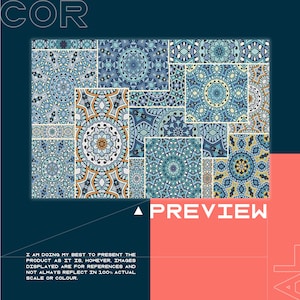 May include: A digital collage of 16 different blue, white, and yellow mandala patterns. The patterns are arranged in a grid and have a geometric design. The word "PREVIEW" is in white text on a pink background.