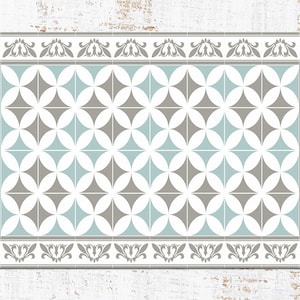 Mint Ornamental Rug Vinyl Mat, Beige Linoleum Rug, Blue Vinyl Floor Mat, Tile Vinyl Rug, PVC Mat, Kitchen Decor, Comfort Mat