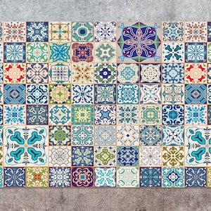 Tappetino in vinile Lisbona di piastrelle ornamentali colorate, tappetino in vinile blu, tappeto in vinile giallo, tappeto in linoleum piastrellato, tappetino, pavimento in vinile, tappetino artistico