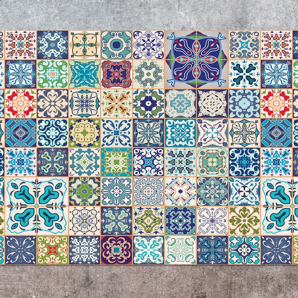 Lisbon Of Colorful Ornamental Tiles Vinyl Mat, Blue Vinyl Floor Mat, Yellow Vinyl Rug, Tile Linoleum Rug, Floor Mat, Vinyl Flooring, Art Mat