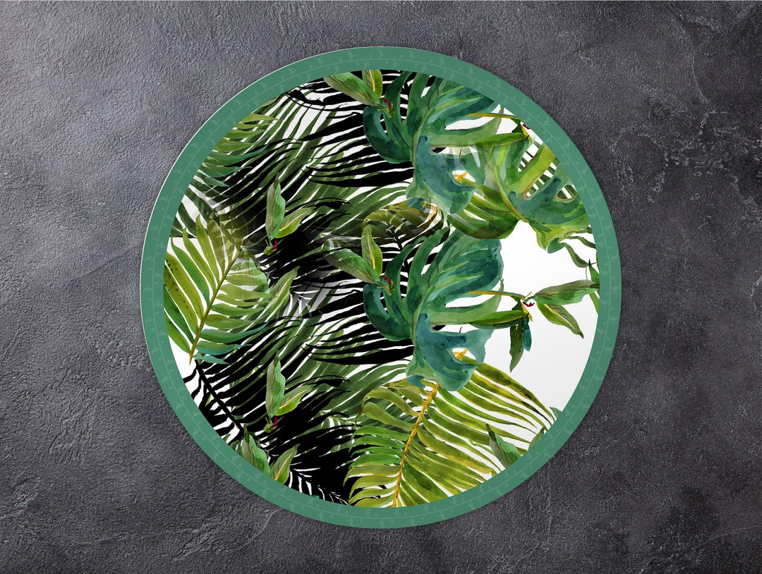 Greeny Vinyl Mat, Round Vinyl Mat, Plants Round Rug, Green and Black Vinyl Floor Mat, Floor Mat