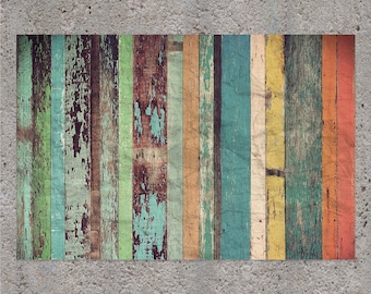 Retro Multicolor Wooden Boards Vinyl Mat, Wood Vinyl Rug, Blue and Bronze Vinyl Rug, Linoleum Mat, Kitchen Decor, Vinyl Rugs and Mats