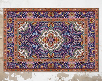Colorful Mosaic Oriental Floral Vinyl Mat, Purple Vinyl Floor Mat, Brown Vinyl Rug, Ethnic Linoleum Rug, PVC Mat, Kitchen Decor, Art Mat