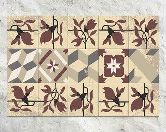 Minimal Ornamental Flowers Tiles Vinyl Floor Mat, Oriental Vinyl Rug, Beige and Red Vinyl Mat, Kitchen Mat, Decorative Mat, Bath Mat