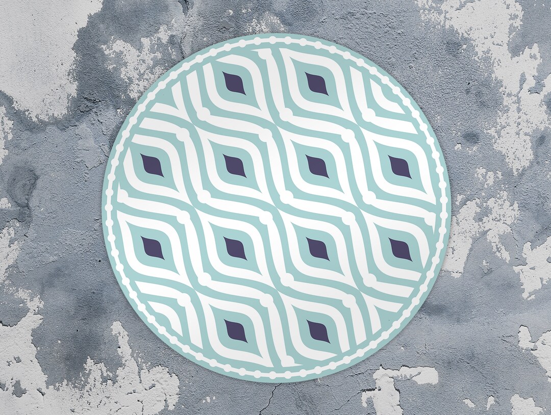 Wave Round Rug, Round Vinyl Mat, Geometric Vinyl Floor Mat, Blue and ...