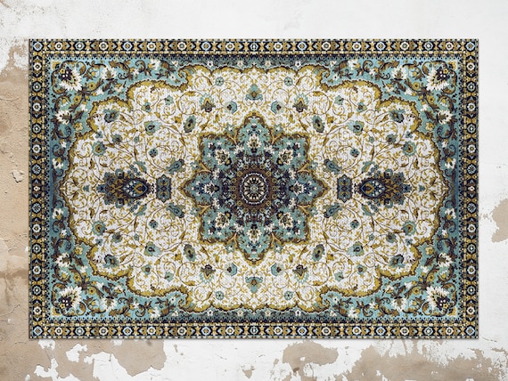 Oriental Carpet Vinyl Mat, Green Vinyl Floor Mat, Beige Vinyl Rug, Classical Linoleum Rug, Kitchen Mat, Decorative Mat, Comfort Mat