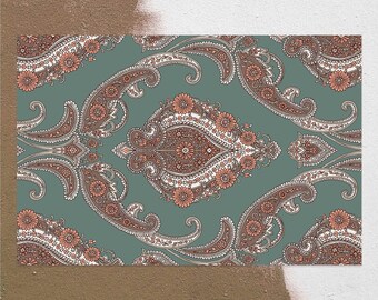 May include: A teal blue background with a paisley pattern in shades of brown, white, and pink. The pattern is symmetrical and features intricate details.