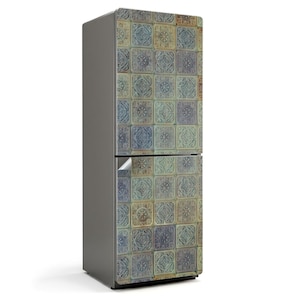 Mosaic Pattern With Ornaments Fridge Wrap Sticker, Blue Refrigerator Wrap, Patterned Stickers, Kitchen Decor