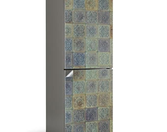 Mosaic Pattern With Ornaments Fridge Wrap Sticker, Blue Refrigerator Wrap, Patterned Stickers, Kitchen Decor