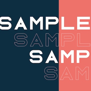 May include: A graphic design with the word "SAMPLE" repeated four times in white text on a blue and pink background. The word "SAMPLE" is offset in each repetition, creating a layered effect.