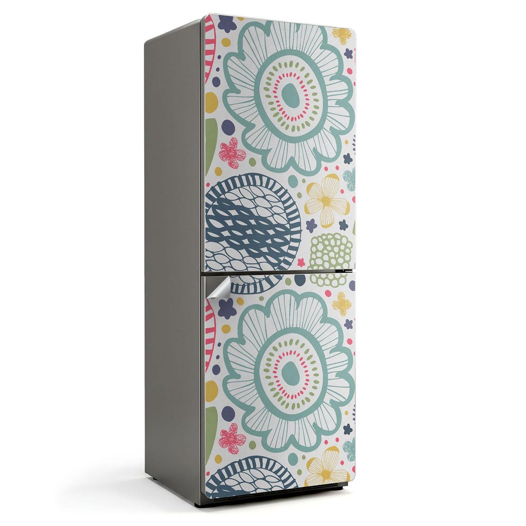 Floral and Geometric Patterns Fridge Door Cover, Turquoise Refrigerator ...