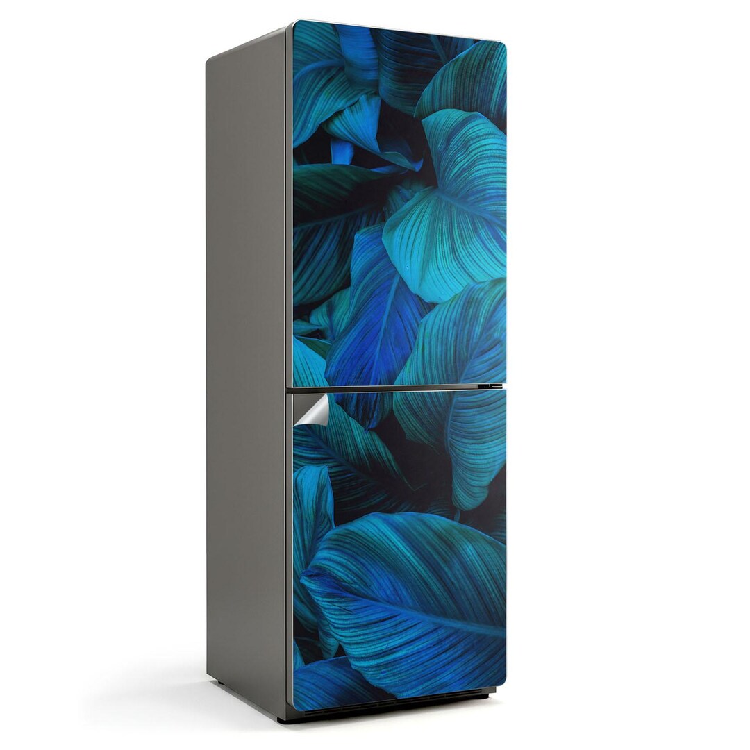 Patterned Refrigerator Leaves in Shades of Blue Fridge Wrap Sticker, Blue Refrigerator Wrap ...