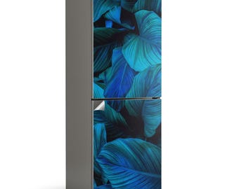 Leaves In Shades Of Blue Fridge Wrap Sticker, Blue Refrigerator Wrap, Patterned Stickers, Kitchen Decor
