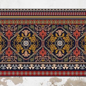 Floral Retro Rug Vinyl Mat, Red Linoleum Rug, Yellow Vinyl Floor Mat, Antique Vinyl Rug, Linoleum Mat, Kitchen Decor, Comfort Mat