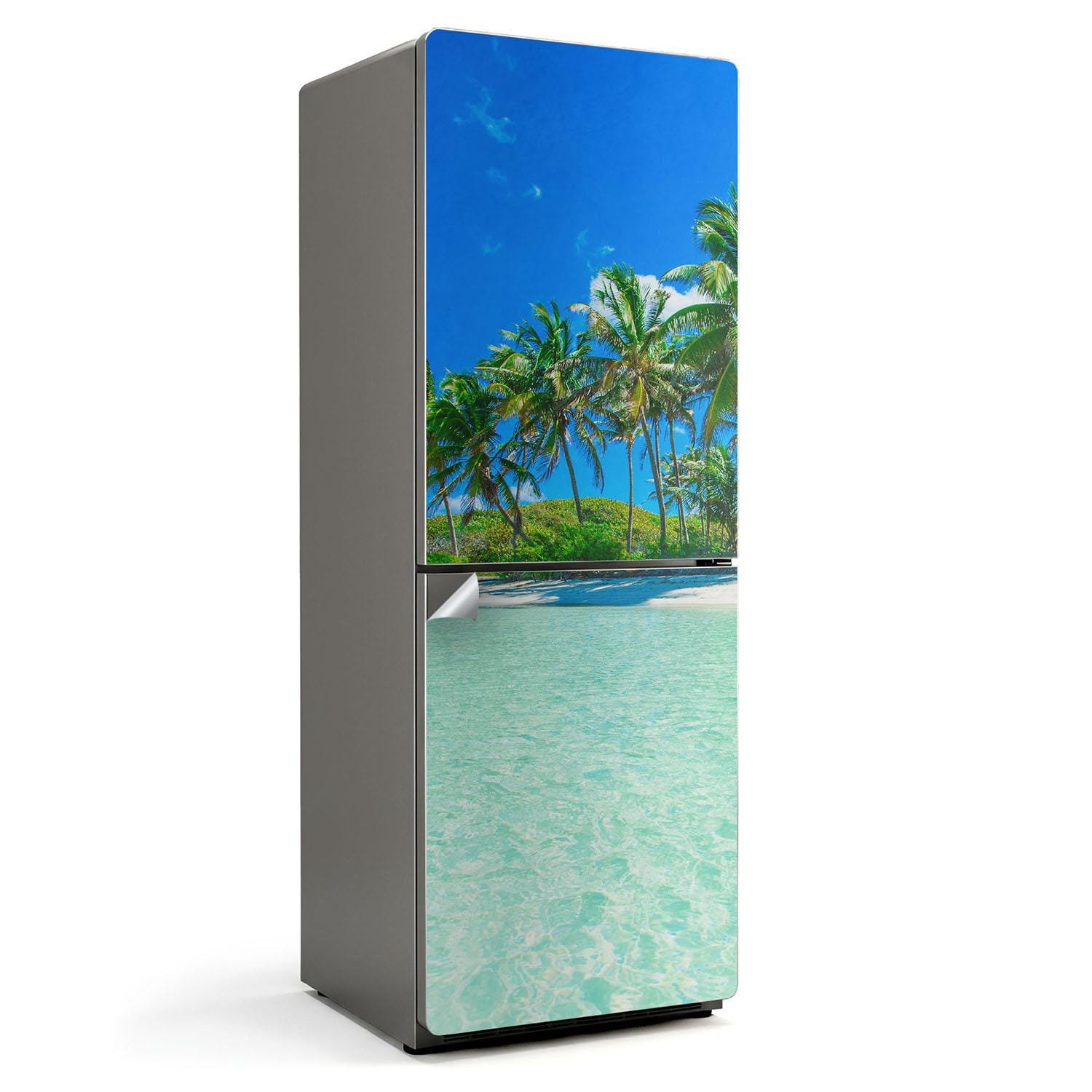 Tropical Beach With Palm Trees Refrigerator Sticker, Turquoise Refrigerator Decal, Dining-Room Decoration, Removable Sticker