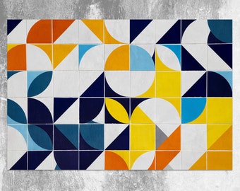 Bauhaus Tiles Vinyl Mat, Żółty dywan winylowy, Niebieski dywan linoleum, Geometryczna mata podłogowa winylowa, Mata podłogowa, Wystrój kuchni, Maty kuchenne na podłogę
