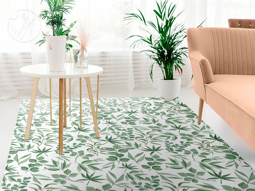 Leaf Pattern Linoleum Composition of Green Leaves Vinyl Mat, Green Linoleum Rug, White Vinyl ...
