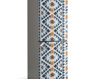 Geometric Pattern With Rhombuses Fridge Wrap Sticker, Blue Refrigerator Wrap, Patterned Stickers, Kitchen Decor