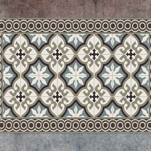 Flower In Chains Frame Vinyl Rug, Retro Vinyl Mat, Beige and Bronze Vinyl Floor Mat, Kitchen Mat, Decorative Mat, Kitchen Mats For Floor
