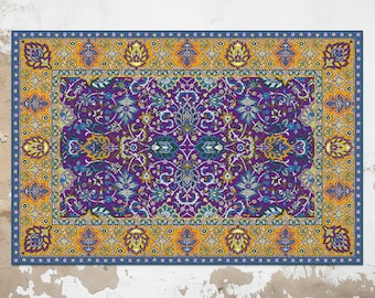 Floral Detailed Carpet Vinyl Mat, Yellow Vinyl Floor Mat, Purple Vinyl Rug, Classical Linoleum Rug, Kitchen Mat, Kitchen Decor, Comfort Mat