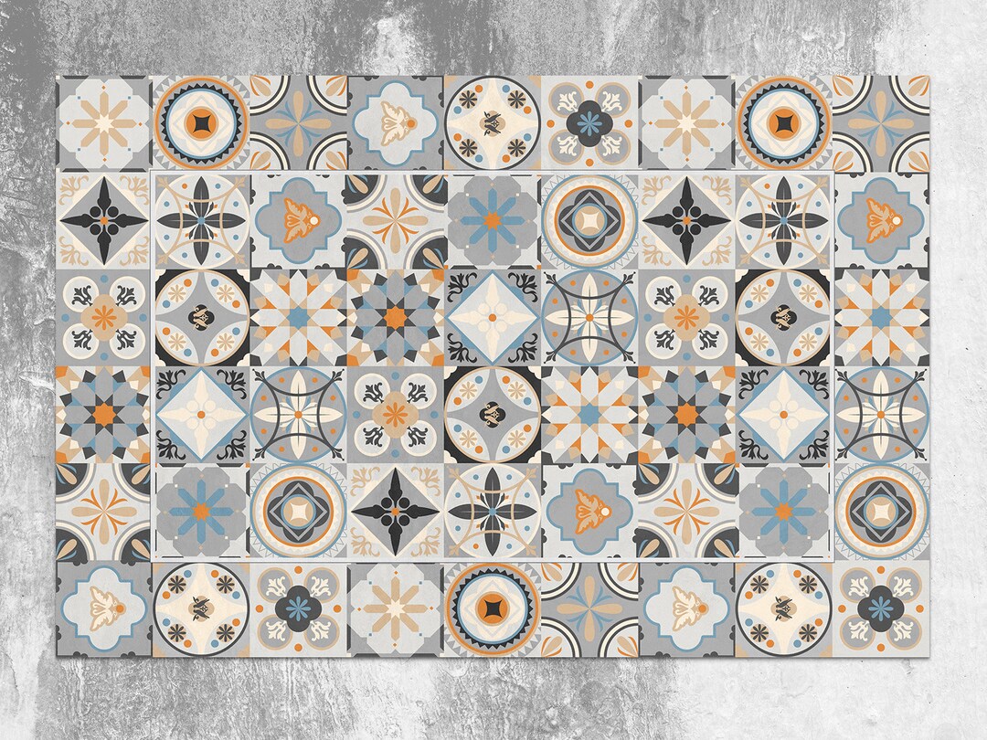 Colorful Portugal Tiles Rug Vinyl Mat, Beige Vinyl Rug, Blue Linoleum ...