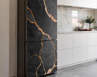 Décalcomanie magnétique motif marbre avec veines, Aimant esthétique noir pour réfrigérateur, Décoration de cuisine, Housse de réfrigérateur