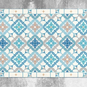 Turquoise Tiles Vinyl Mat, Blue Linoleum Rug, Beige Vinyl Floor Mat, Tile Vinyl Rug, Kitchen Mat, Decorative Mat, Kitchen Mats For Floor