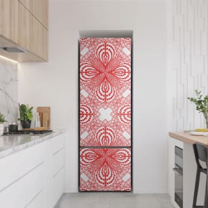 Pattern With Symmetrical Motifs Fridge Magnetic Decal, Red Stylish Fridge Magnet, Kitchen Decoration, Fridge Mat