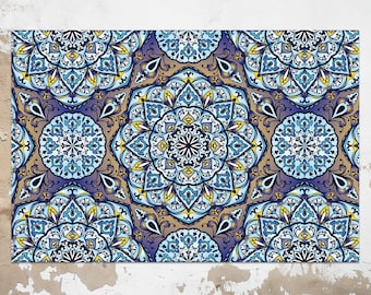 May include: A seamless pattern with intricate blue, yellow, and brown mandala designs. The pattern is made up of repeating geometric shapes and floral motifs.