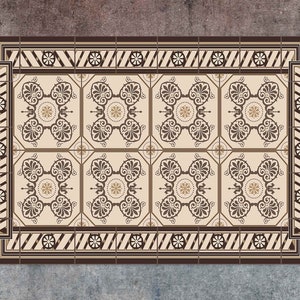 Brown Ornament Tiles Vinyl Floor Mat, Classical Vinyl Rug, Beige and Brown Vinyl Mat, Linoleum Mat, Kitchen Decor, Kitchen Mats For Floor