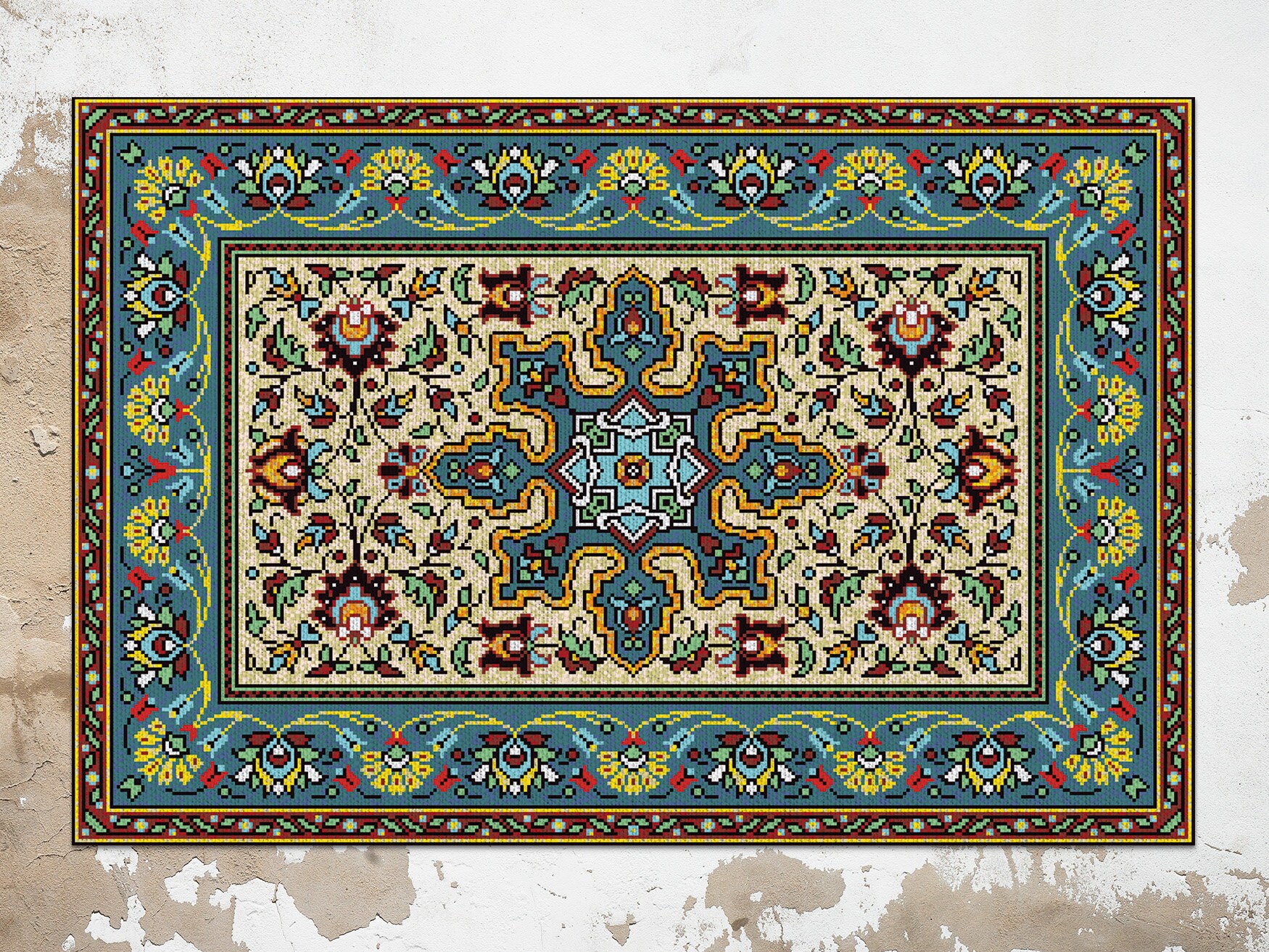 Green Mosaic Floral Vinyl Mat Green Linoleum Rug Beige Etsy