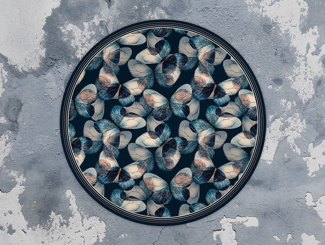 Blue Butterfly Print Round Rug