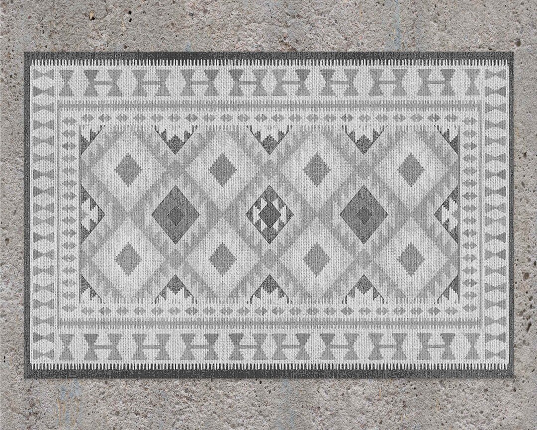 Grey Pattern Rug Mat Geometric Dark Gray and Bright Gray Vinyl Mat, Ethnic Vinyl Rug, Gray ...