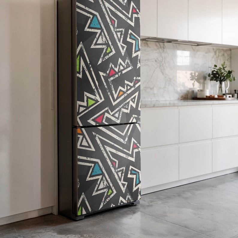 Dynamic Geometric Patterns Fridge Sticker, Black Fridge Door Cover ...